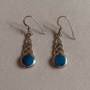 JC 925 Sterling Silver Blue Stone Celtic Knot Braided Design Dangly Earrings